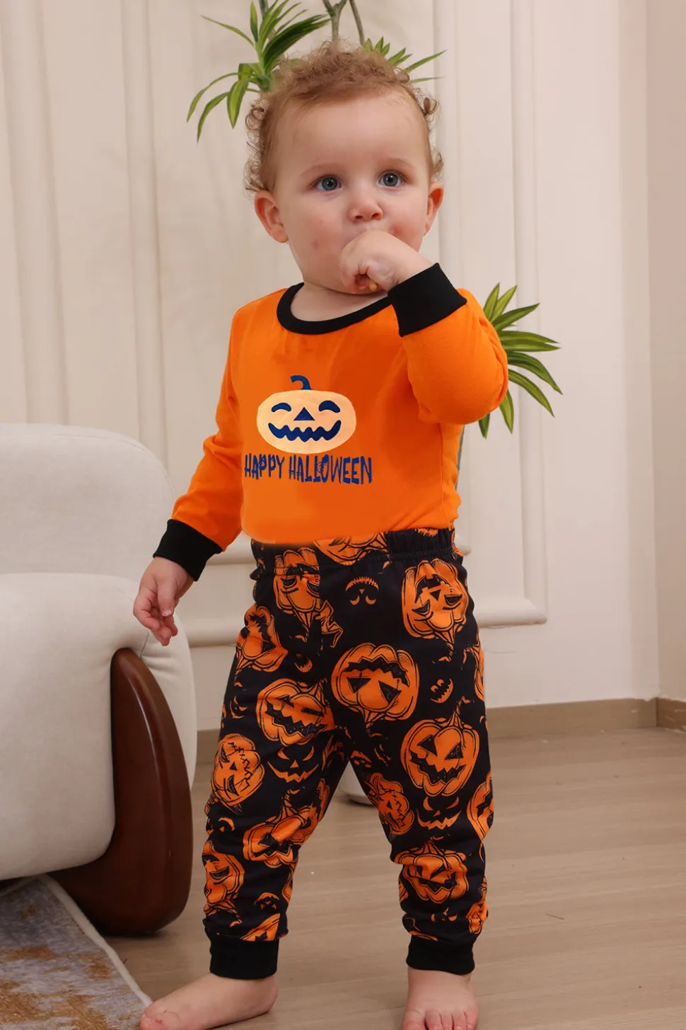 Laranja Halloween manga longa família combinando conjunto de pijama