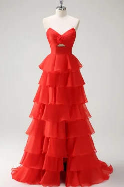 Laranja querida princesa tiered vestido longo baile de formatura com fenda