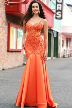 Laranja Sereia Corset Esparguete Correias Frisado Vestido Longo Baile