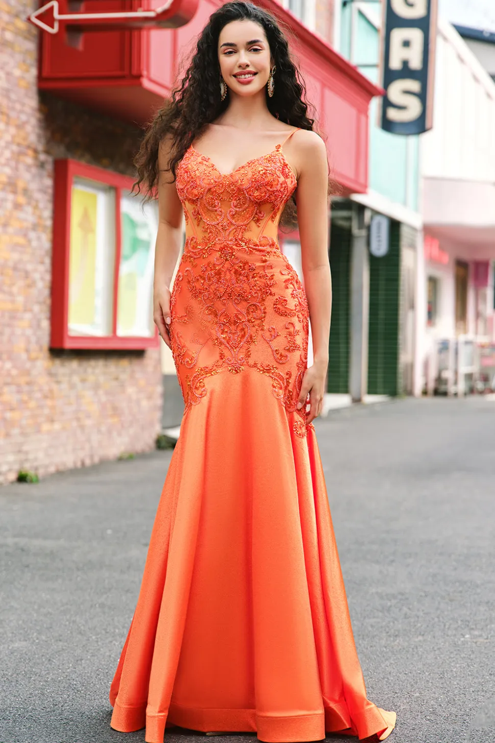 Laranja Sereia Corset Esparguete Correias Frisado Vestido Longo Baile