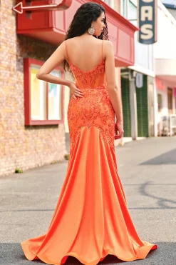 Laranja Sereia Corset Esparguete Correias Frisado Vestido Longo Baile