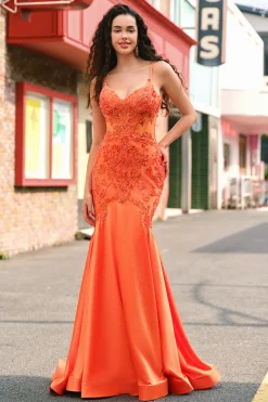 Laranja Sereia Corset Esparguete Correias Frisado Vestido Longo Baile