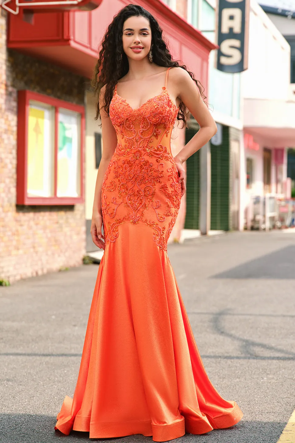 Laranja Sereia Corset Esparguete Correias Frisado Vestido Longo Baile