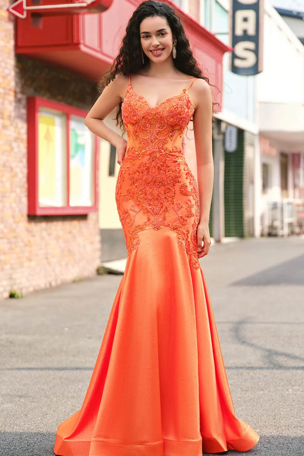 Laranja Sereia Corset Esparguete Correias Frisado Vestido Longo Baile