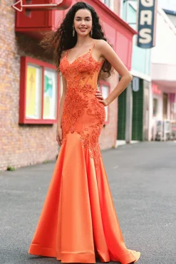 Laranja Sereia Corset Esparguete Correias Frisado Vestido Longo Baile