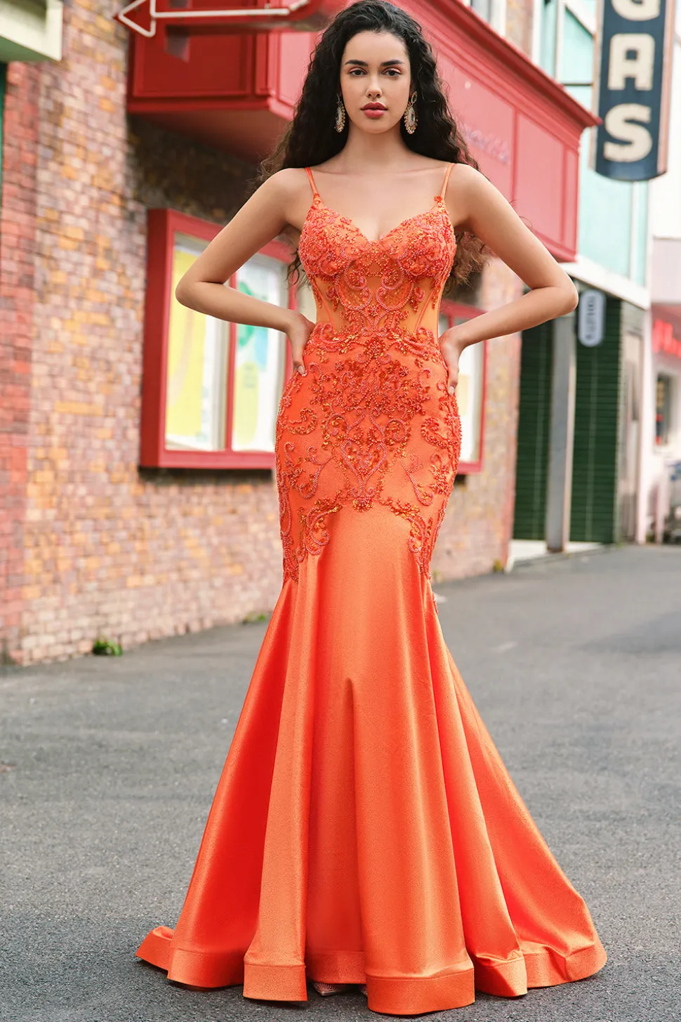 Laranja Sereia Corset Esparguete Correias Frisado Vestido Longo Baile