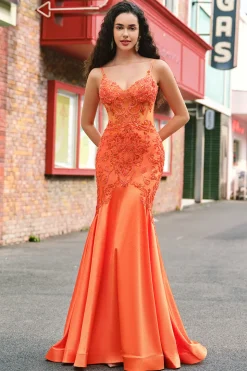 Laranja Sereia Corset Esparguete Correias Frisado Vestido Longo Baile