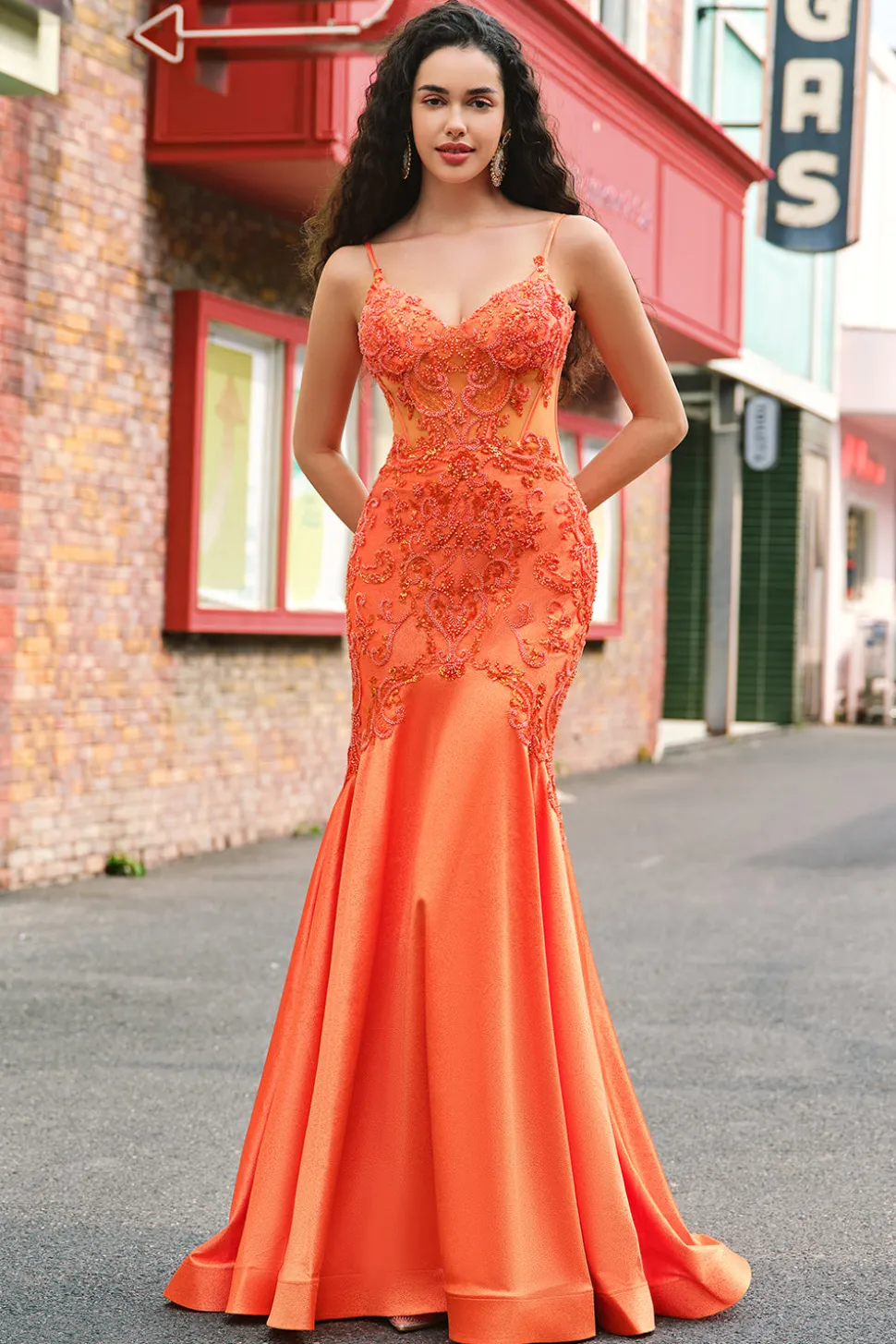 Laranja Sereia Corset Esparguete Correias Frisado Vestido Longo Baile