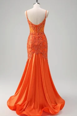 Laranja Sereia Corset Esparguete Correias Frisado Vestido Longo Baile
