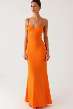 Laranja Sereia Esparguete Correias Renda Up Back Vestido de Noite