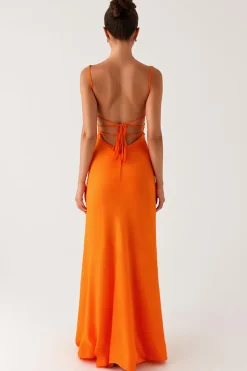 Laranja Sereia Esparguete Correias Renda Up Back Vestido de Noite