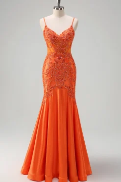 Laranja Sereia Esparguete Alças Frisado Vestido Longo Baile
