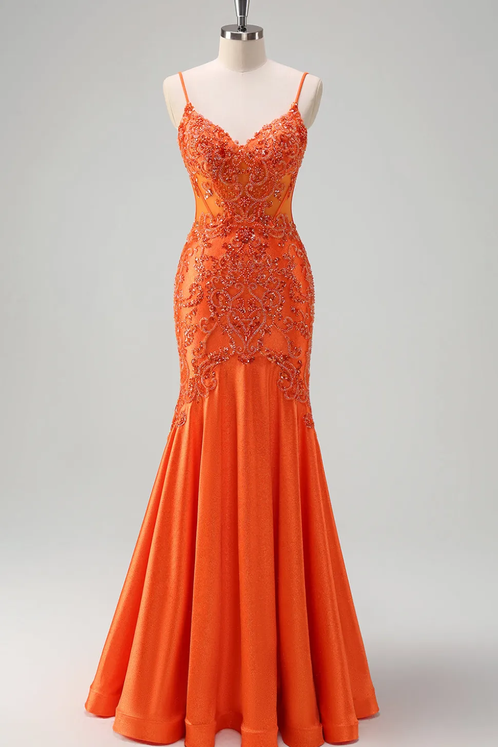 Laranja Sereia Esparguete Alças Frisado Vestido Longo Baile