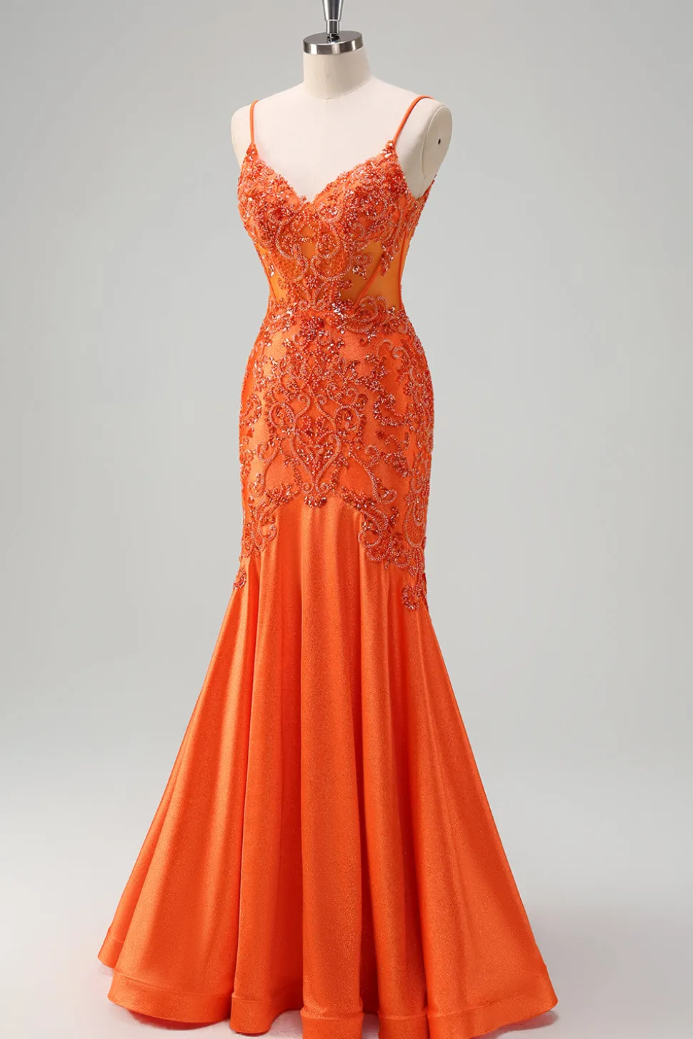 Laranja Sereia Esparguete Alças Frisado Vestido Longo Baile