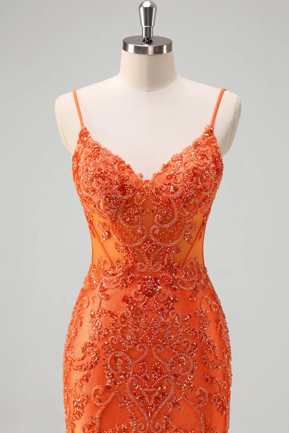Laranja Sereia Esparguete Alças Frisado Vestido Longo Baile