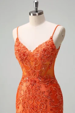 Laranja Sereia Esparguete Alças Frisado Vestido Longo Baile