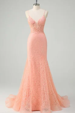 Laranja Sereia Esparguete Correias Corset Sequined Prom Dress