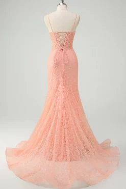 Laranja Sereia Esparguete Correias Corset Sequined Prom Dress