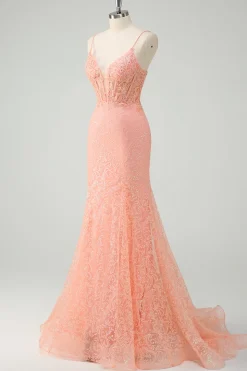 Laranja Sereia Esparguete Correias Corset Sequined Prom Dress