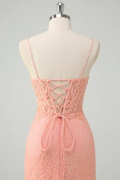 Laranja Sereia Esparguete Correias Corset Sequined Prom Dress