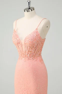 Laranja Sereia Esparguete Correias Corset Sequined Prom Dress