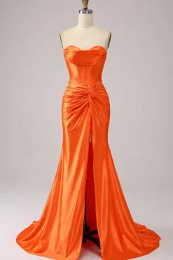 Laranja Sereia Querida Corset Long Sparkly Prom Dress com Fenda