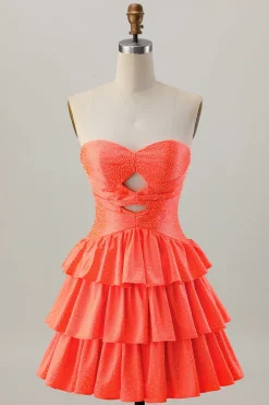 Laranja Strapless Tiered Uma linha cortada Homecoming Dress com frisos
