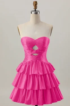 Laranja Strapless Tiered Uma linha cortada Homecoming Dress com frisos