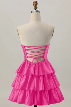 Laranja Strapless Tiered Uma linha cortada Homecoming Dress com frisos