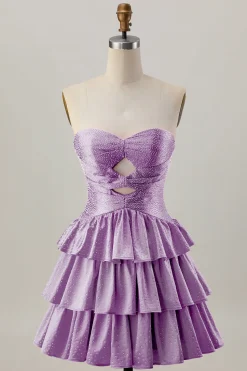 Laranja Strapless Tiered Uma linha cortada Homecoming Dress com frisos