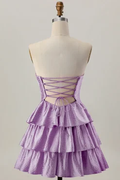 Laranja Strapless Tiered Uma linha cortada Homecoming Dress com frisos