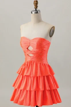 Laranja Strapless Tiered Uma linha cortada Homecoming Dress com frisos