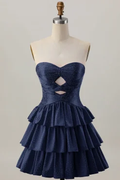 Laranja Strapless Tiered Uma linha cortada Homecoming Dress com frisos