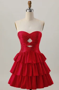 Laranja Strapless Tiered Uma linha cortada Homecoming Dress com frisos