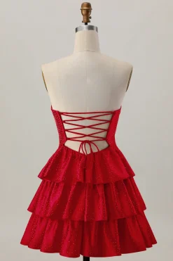Laranja Strapless Tiered Uma linha cortada Homecoming Dress com frisos