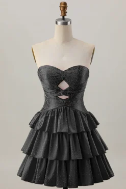 Laranja Strapless Tiered Uma linha cortada Homecoming Dress com frisos