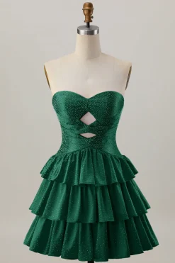 Laranja Strapless Tiered Uma linha cortada Homecoming Dress com frisos