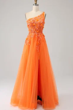 Laranja Um Ombro A-Line Tulle Long Prom Dress com Appliques