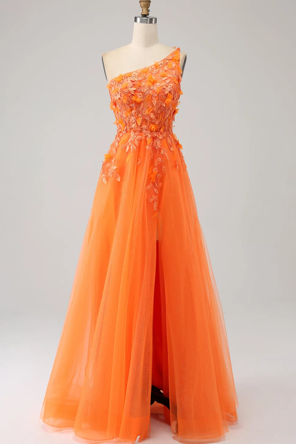 Laranja Um Ombro A-Line Tulle Long Prom Dress com Appliques