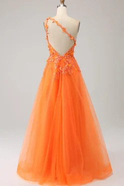 Laranja Um Ombro A-Line Tulle Long Prom Dress com Appliques
