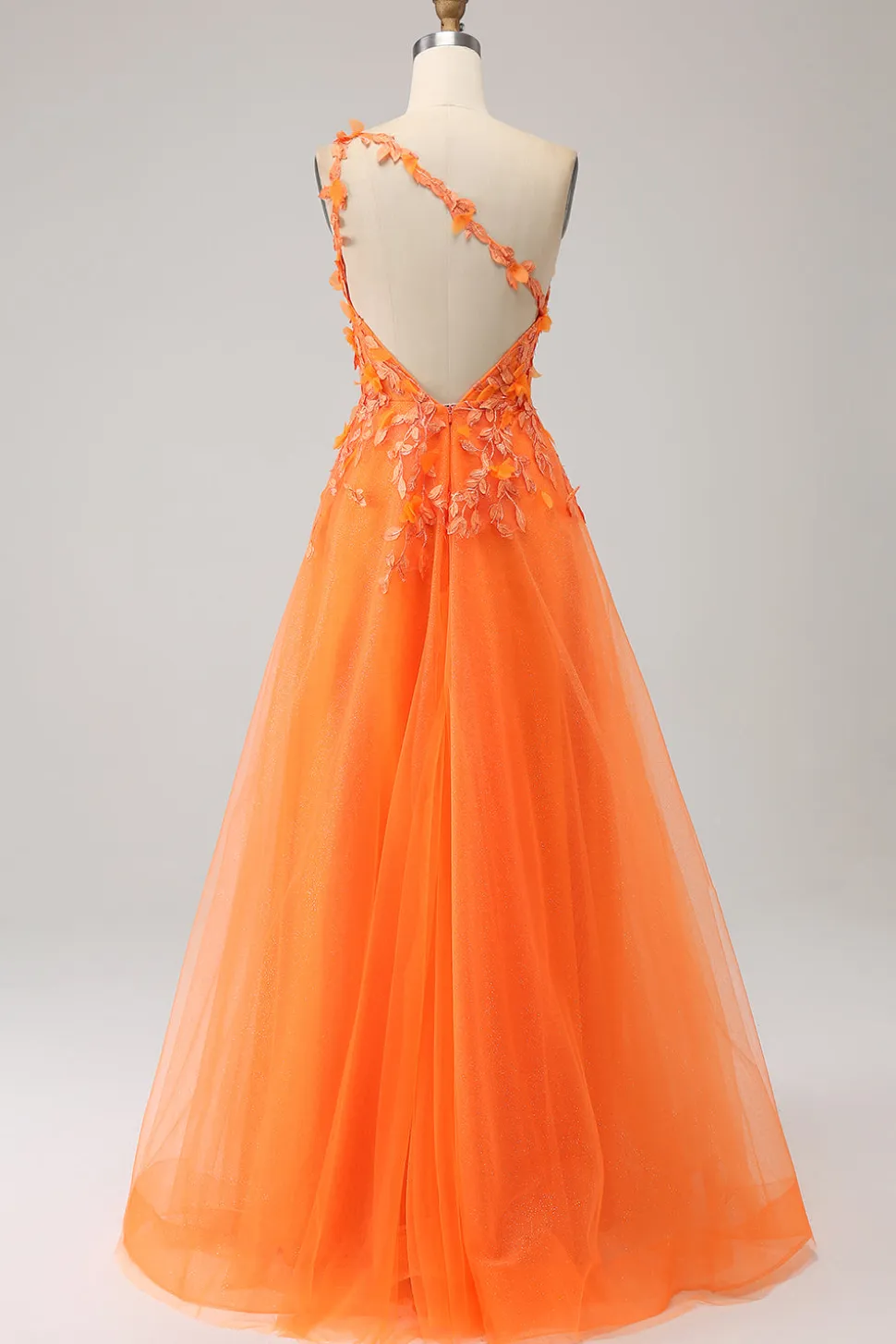 Laranja Um Ombro A-Line Tulle Long Prom Dress com Appliques