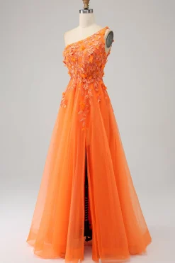 Laranja Um Ombro A-Line Tulle Long Prom Dress com Appliques