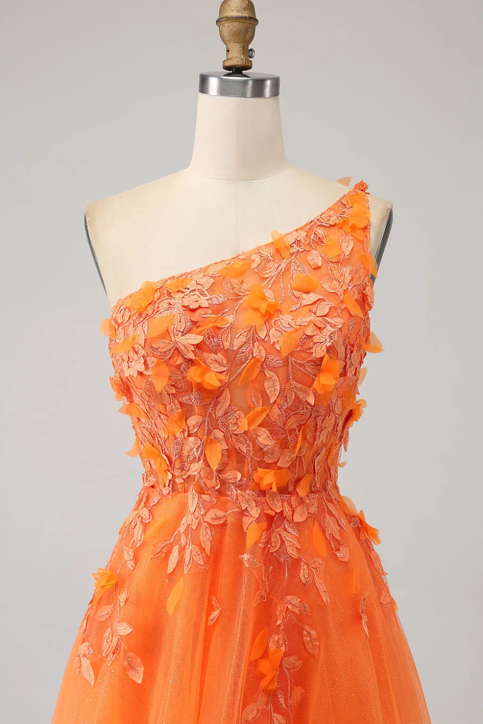 Laranja Um Ombro A-Line Tulle Long Prom Dress com Appliques