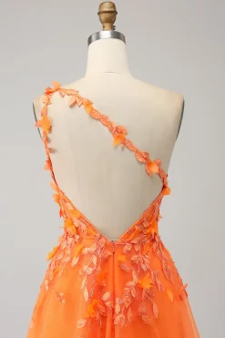 Laranja Um Ombro A-Line Tulle Long Prom Dress com Appliques