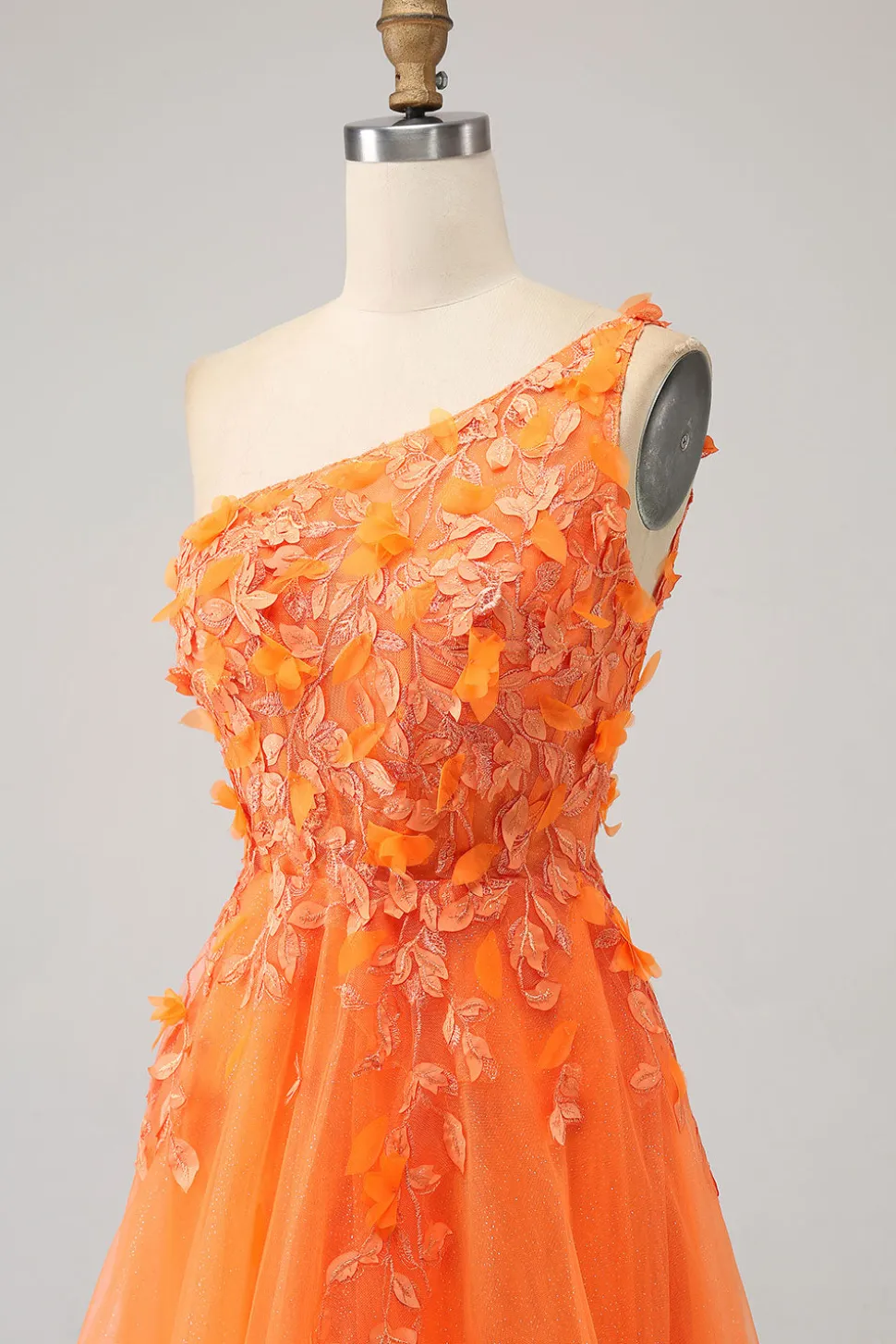 Laranja Um Ombro A-Line Tulle Long Prom Dress com Appliques