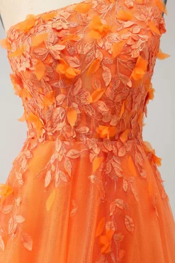Laranja Um Ombro A-Line Tulle Long Prom Dress com Appliques
