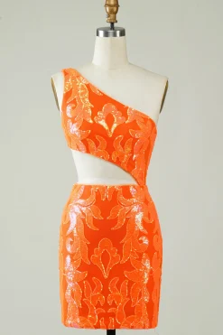 Laranja Um Ombro Glitter Homecoming Dress com Hollow-out