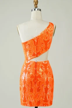 Laranja Um Ombro Glitter Homecoming Dress com Hollow-out