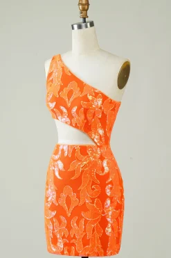 Laranja Um Ombro Glitter Homecoming Dress com Hollow-out
