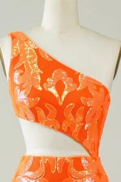 Laranja Um Ombro Glitter Homecoming Dress com Hollow-out